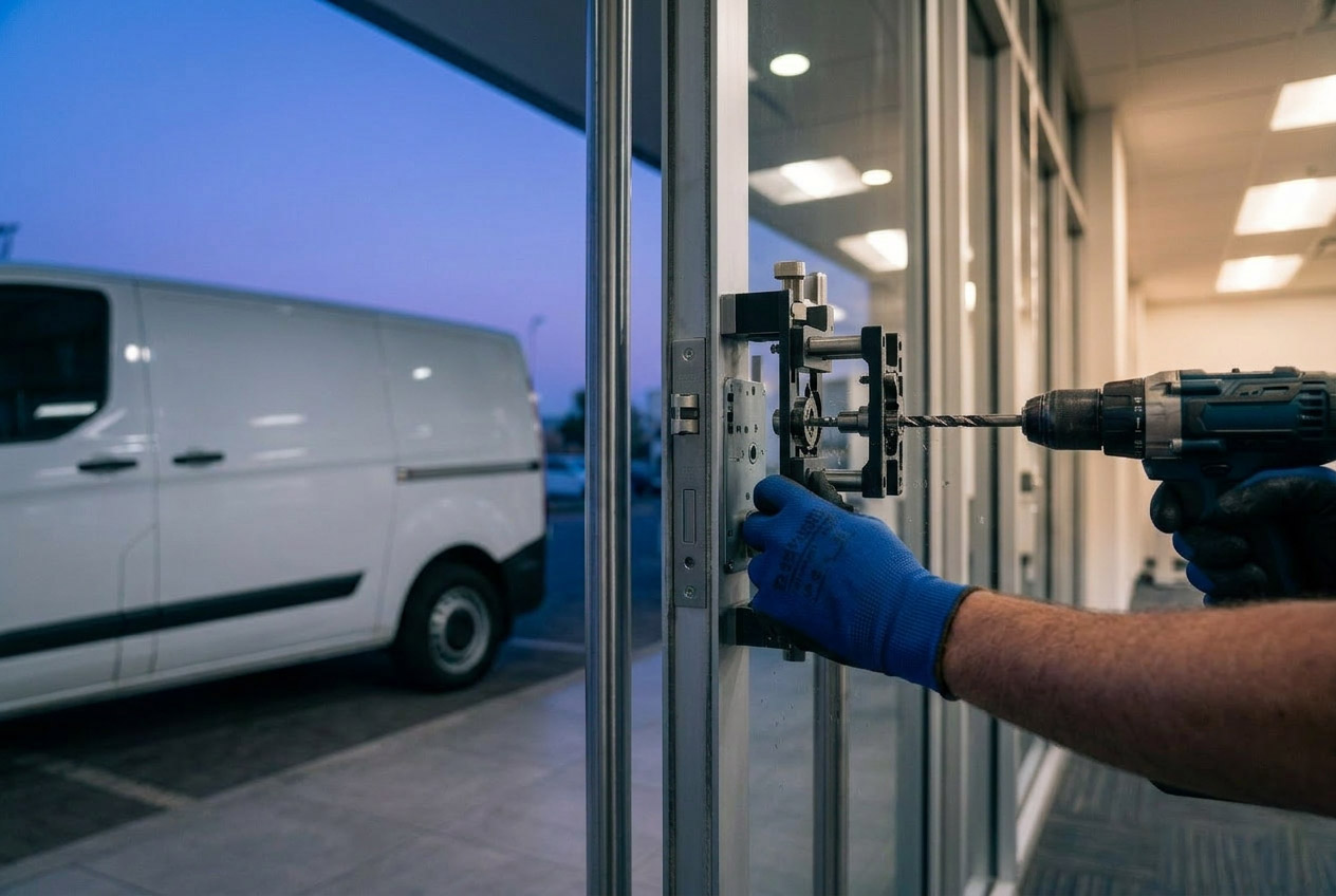 Auto Locksmith technician installing a commercial security system