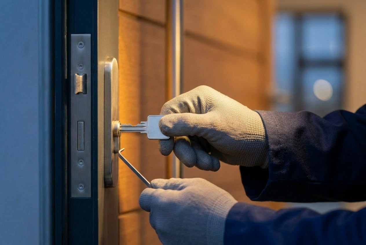 Auto Locksmith technician installing a deadlock on a residential door